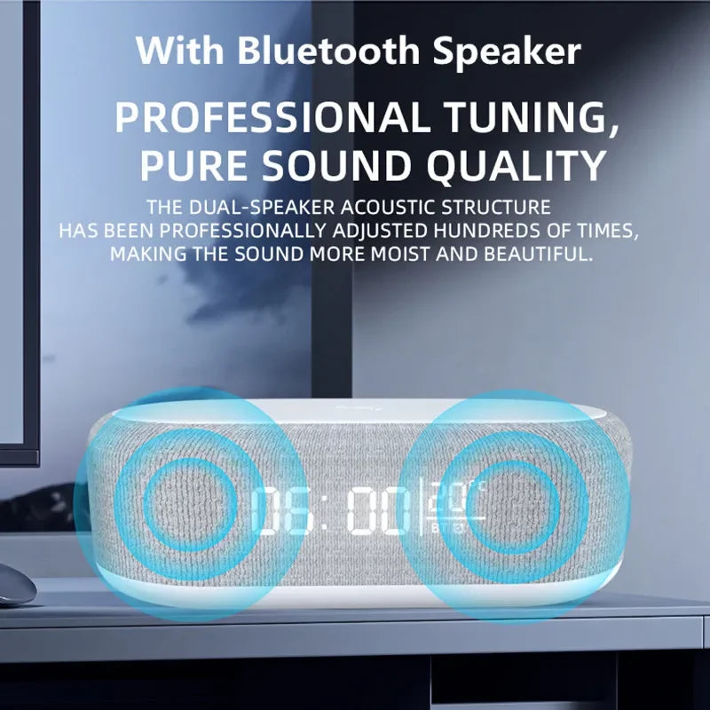 6 in 1 Wireless Charger Pad Bluetooth Speaker Alarm Clock LED Light Thermometer Earphone