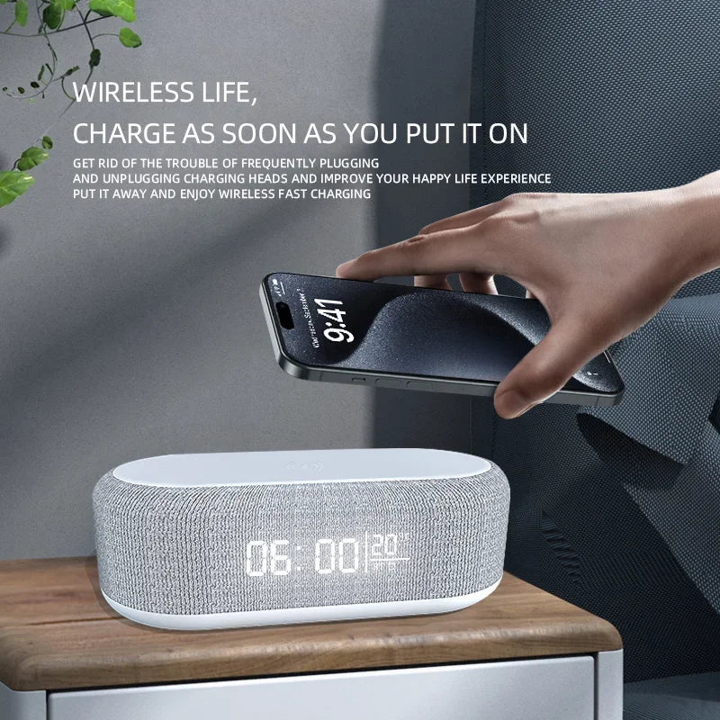 6 in 1 Wireless Charger Pad Bluetooth Speaker Alarm Clock LED Light Thermometer Earphone