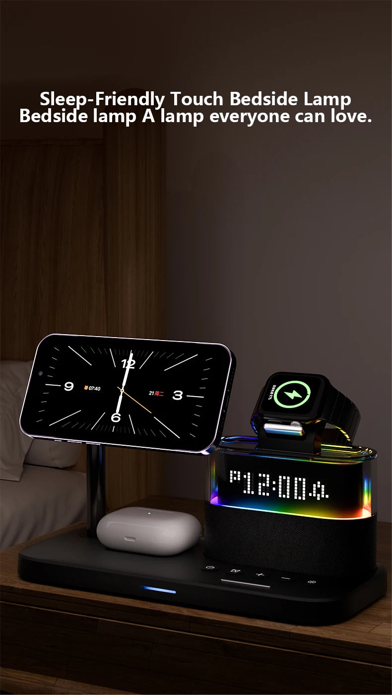 5 In 1 Wireless Charger Stand LED Night Light Alarm Clock for iPhone 15 14 13 12 IWatch 9 8 7 Airpods