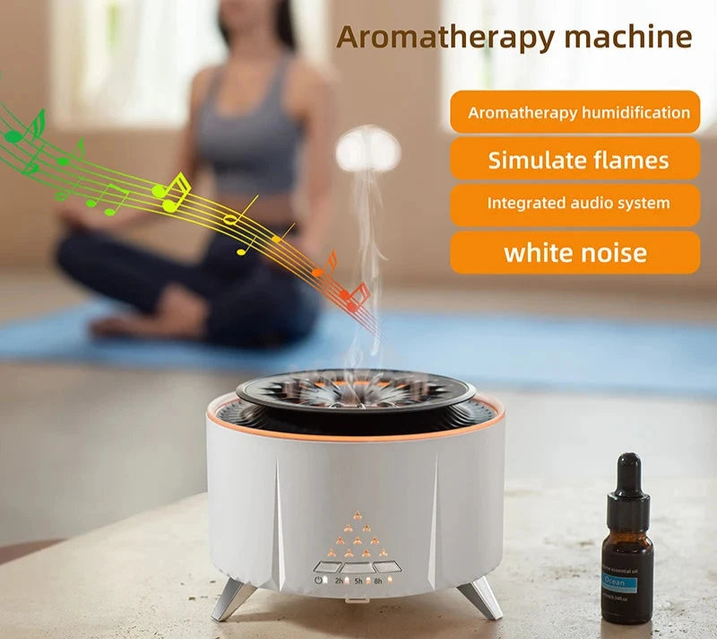 350ML Volcano Flame Air Humidifier - White Noise Bluetooth Speaker - Essential Oil Diffuser - Remote