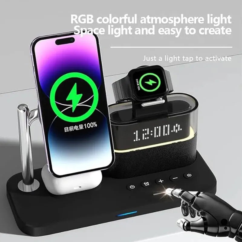 5 In 1 Wireless Charger Stand LED Night Light Alarm Clock for iPhone 15 14 13 12 IWatch 9 8 7 Airpods