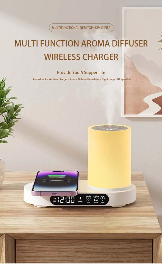 Multifunction Charging Station - Humidifier - LED Night Lamp - Bluetooth Speaker - Clock