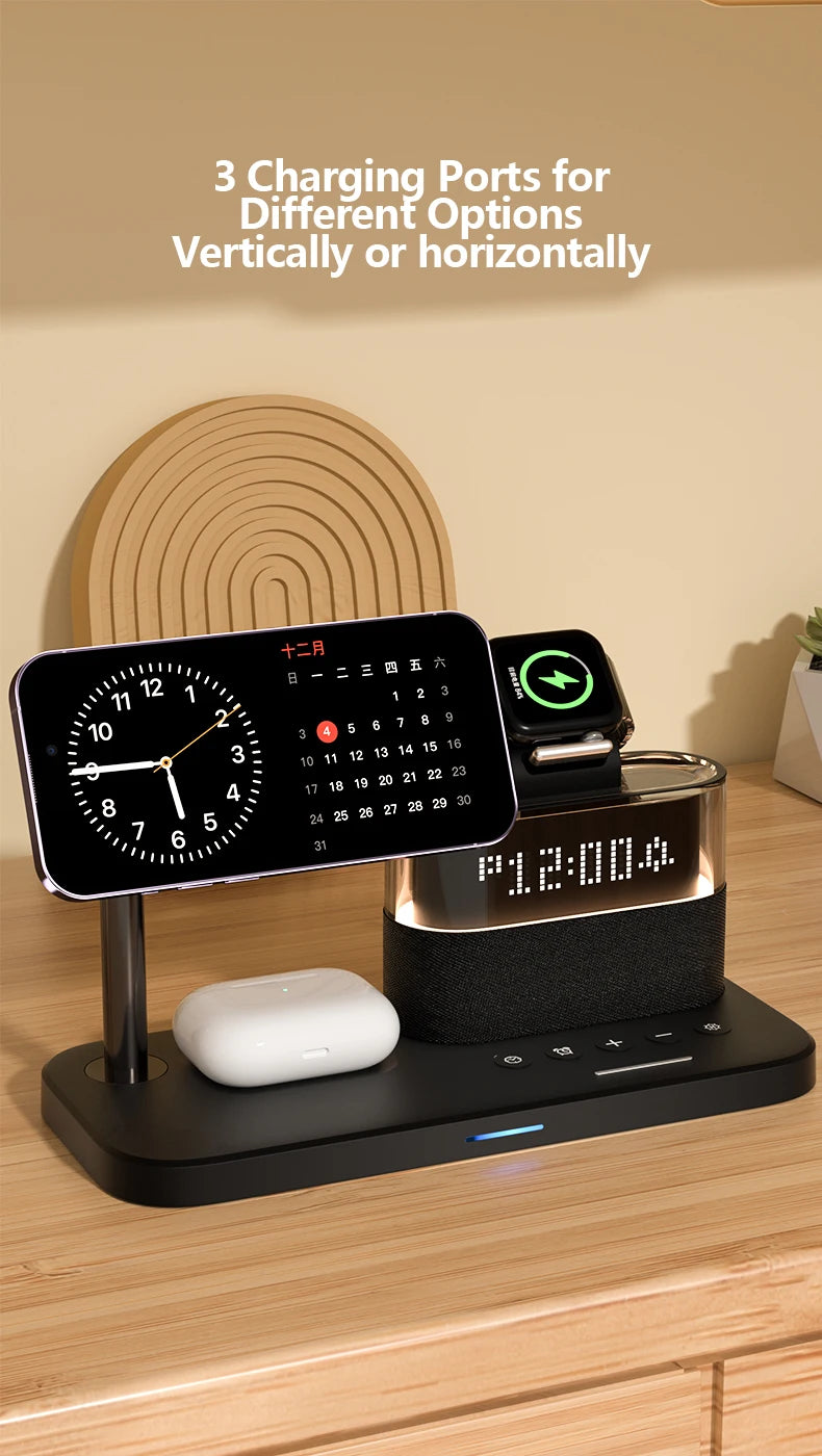 5 In 1 Wireless Charger Stand LED Night Light Alarm Clock for iPhone 15 14 13 12 IWatch 9 8 7 Airpods