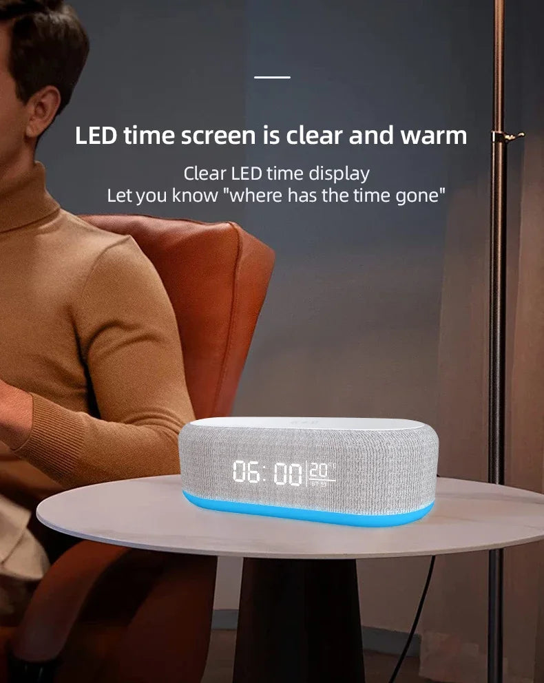 6 in 1 Wireless Charger Pad Bluetooth Speaker Alarm Clock LED Light Thermometer Earphone