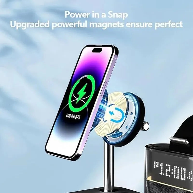 5 In 1 Wireless Charger Stand LED Night Light Alarm Clock for iPhone 15 14 13 12 IWatch 9 8 7 Airpods