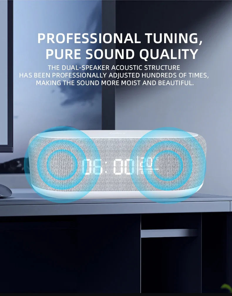 6 in 1 Wireless Charger Pad Bluetooth Speaker Alarm Clock LED Light Thermometer Earphone