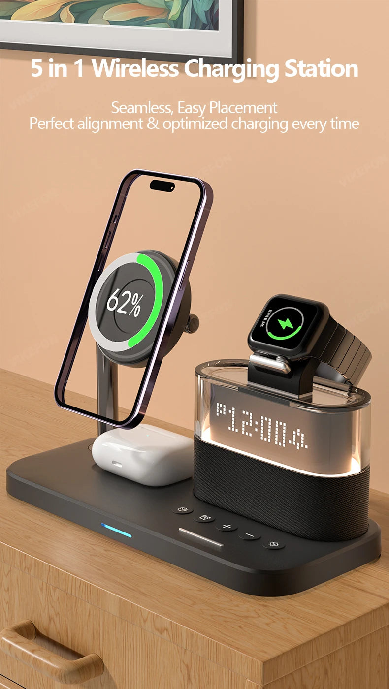 5 In 1 Wireless Charger Stand LED Night Light Alarm Clock for iPhone 15 14 13 12 IWatch 9 8 7 Airpods