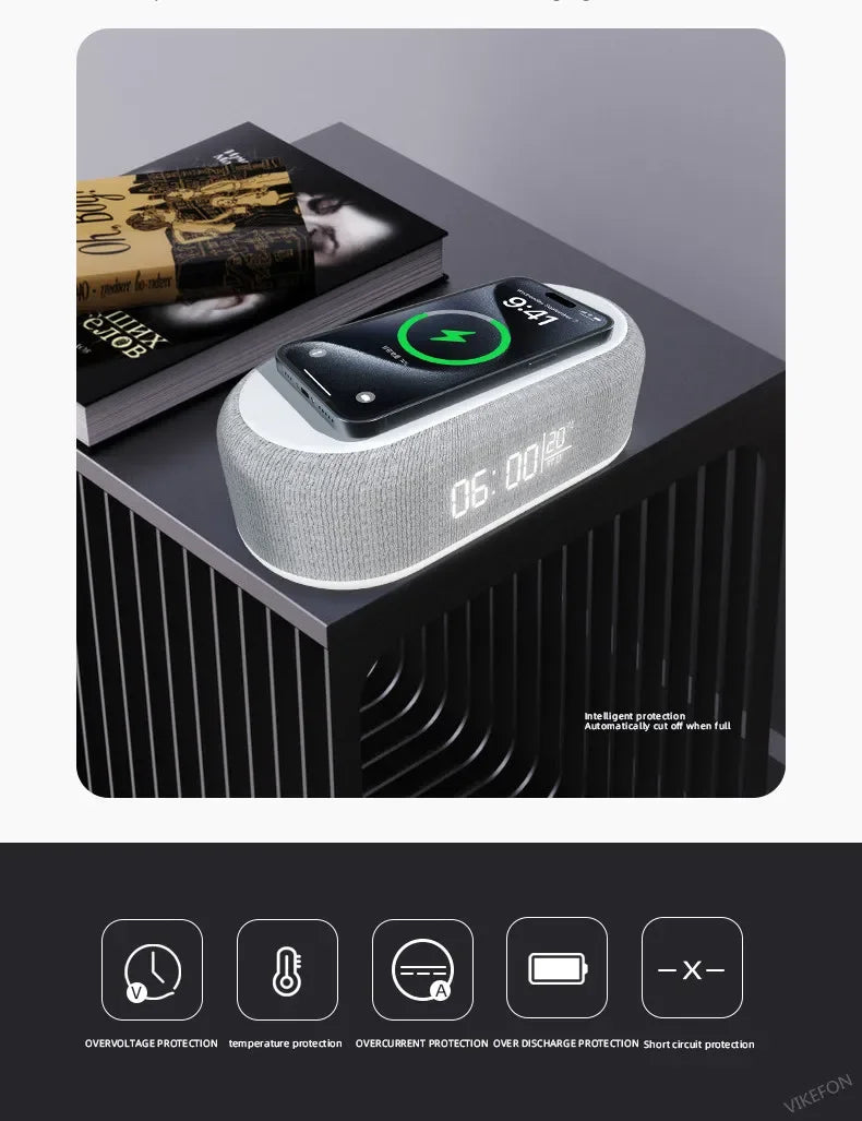 6 in 1 Wireless Charger Pad Bluetooth Speaker Alarm Clock LED Light Thermometer Earphone
