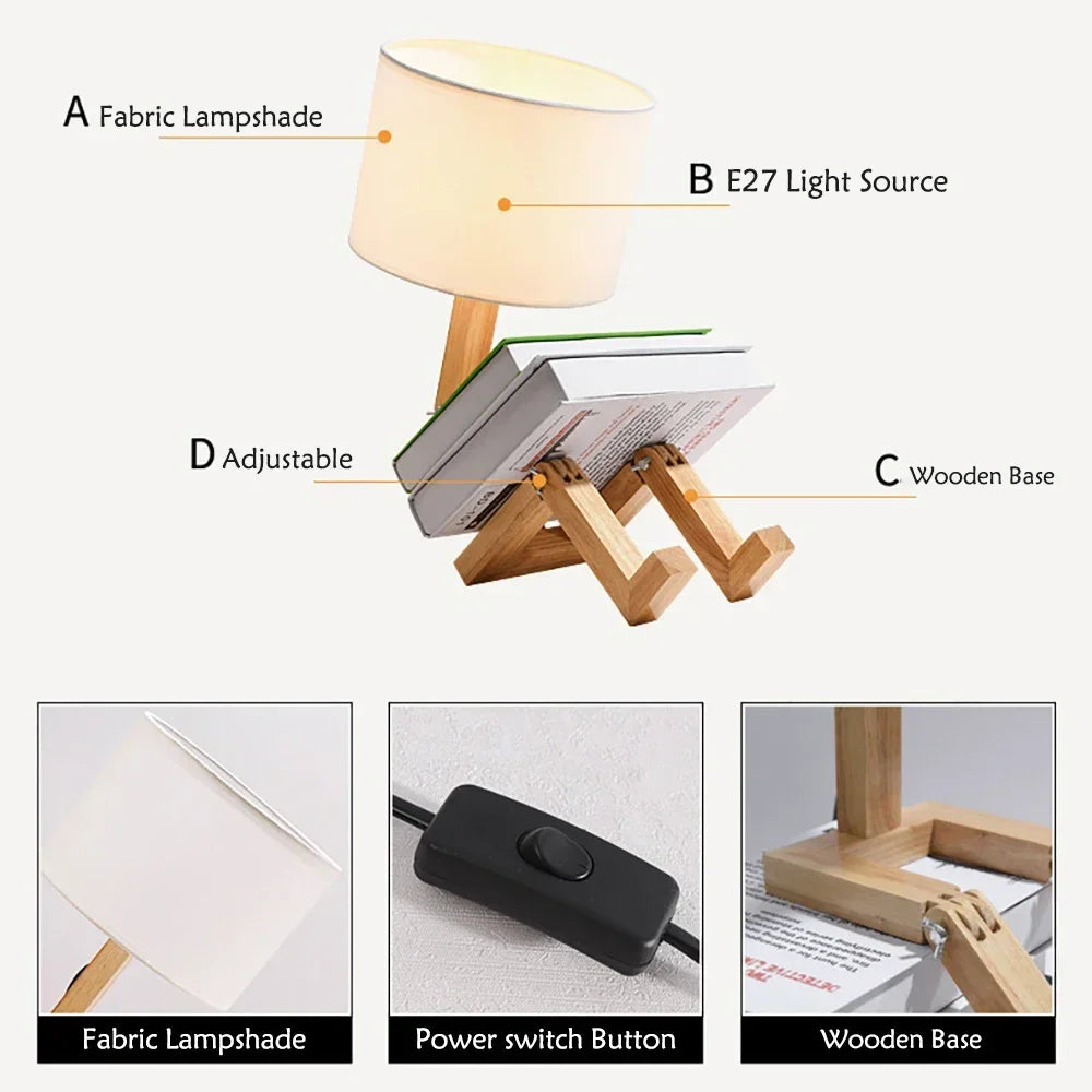 Creative Table Lamp Wooden Robot Shape