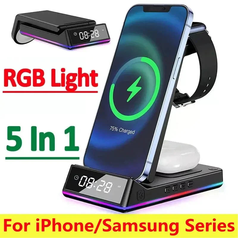 5 In 1 Foldable Wireless Charger - RGB LED Clock