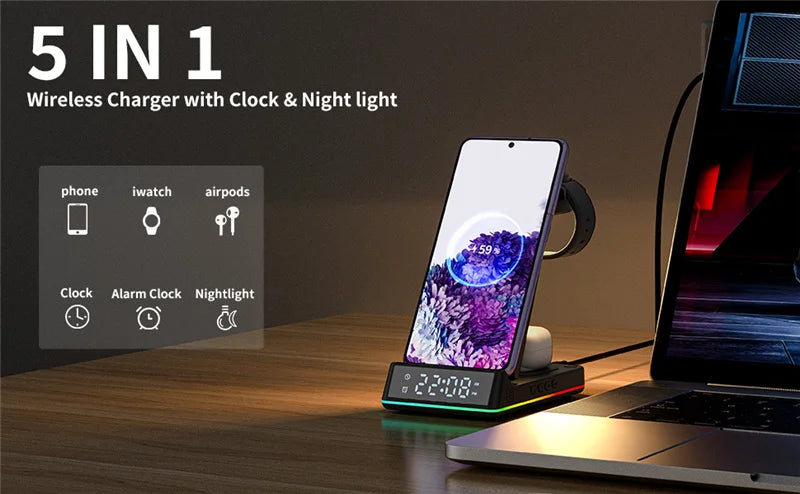 5 In 1 Foldable Wireless Charger - RGB LED Clock
