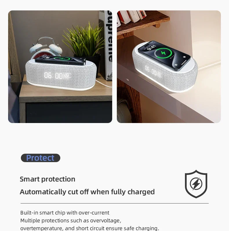 6 in 1 Wireless Charger Pad Bluetooth Speaker Alarm Clock LED Light Thermometer Earphone