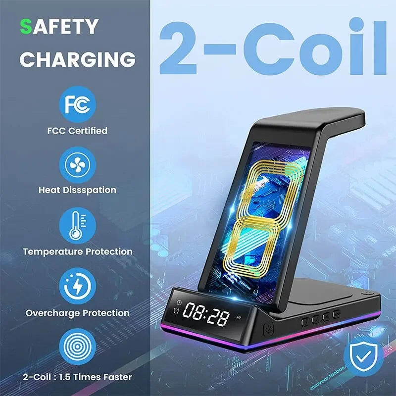 5 In 1 Foldable Wireless Charger - RGB LED Clock