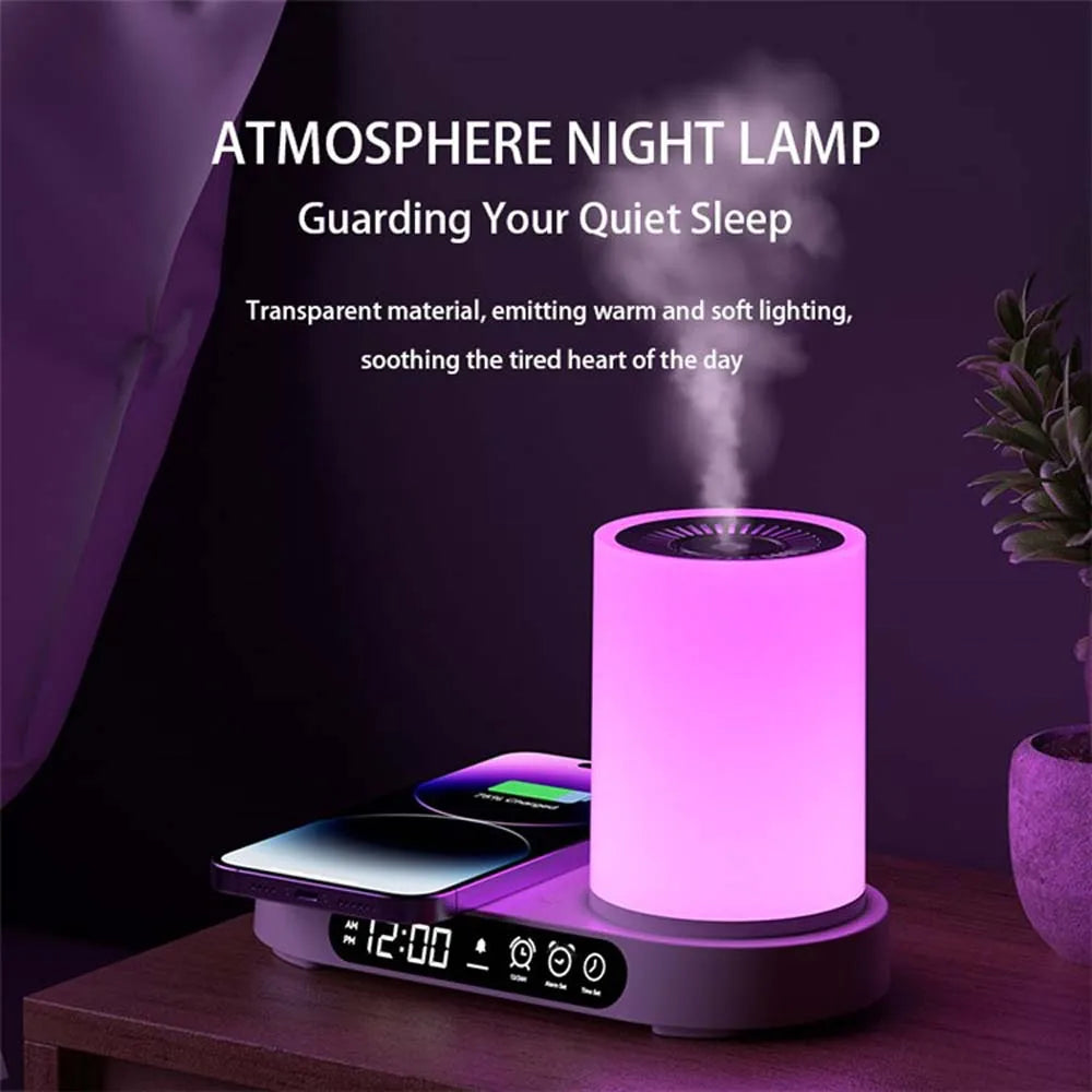 Multifunction Charging Station - Humidifier - LED Night Lamp - Bluetooth Speaker - Clock