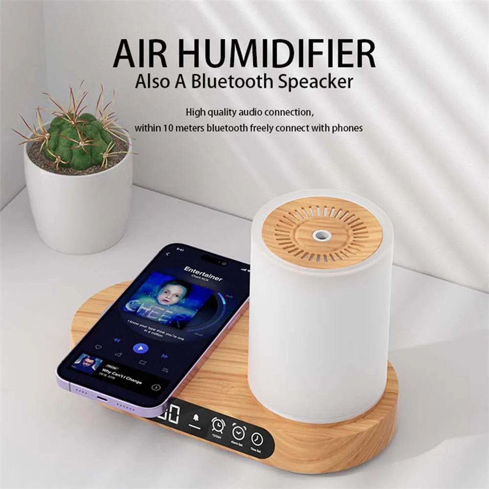 Multifunction Charging Station - Humidifier - LED Night Lamp - Bluetooth Speaker - Clock