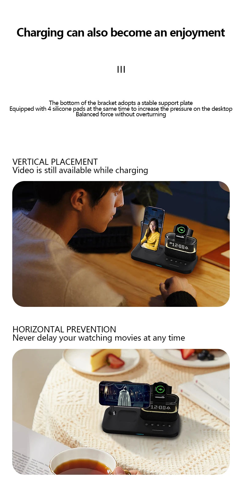 5 In 1 Wireless Charger Stand LED Night Light Alarm Clock for iPhone 15 14 13 12 IWatch 9 8 7 Airpods