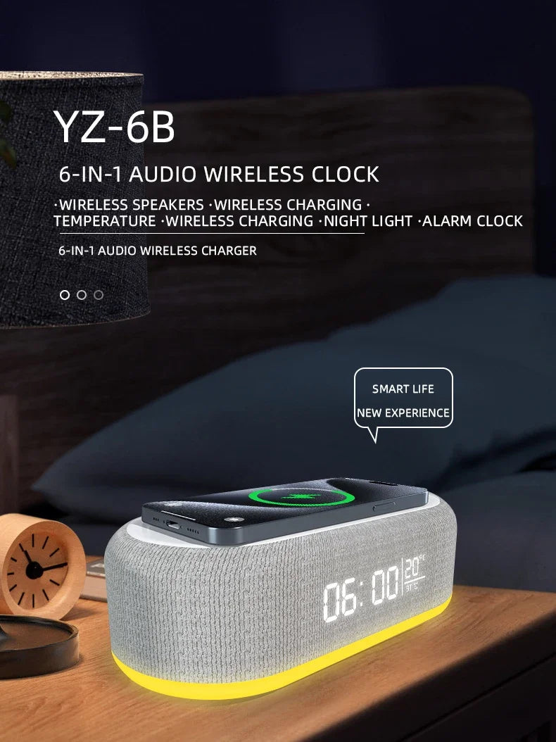 6 in 1 Wireless Charger Pad Bluetooth Speaker Alarm Clock LED Light Thermometer Earphone