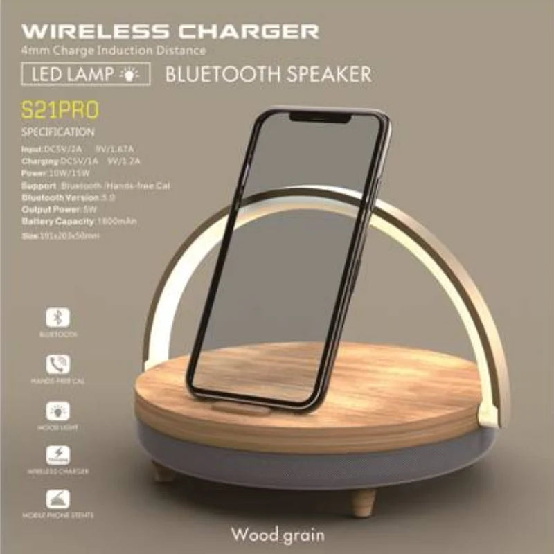Wood Wireless Chargers LED Lamp Bluetooth Speaker