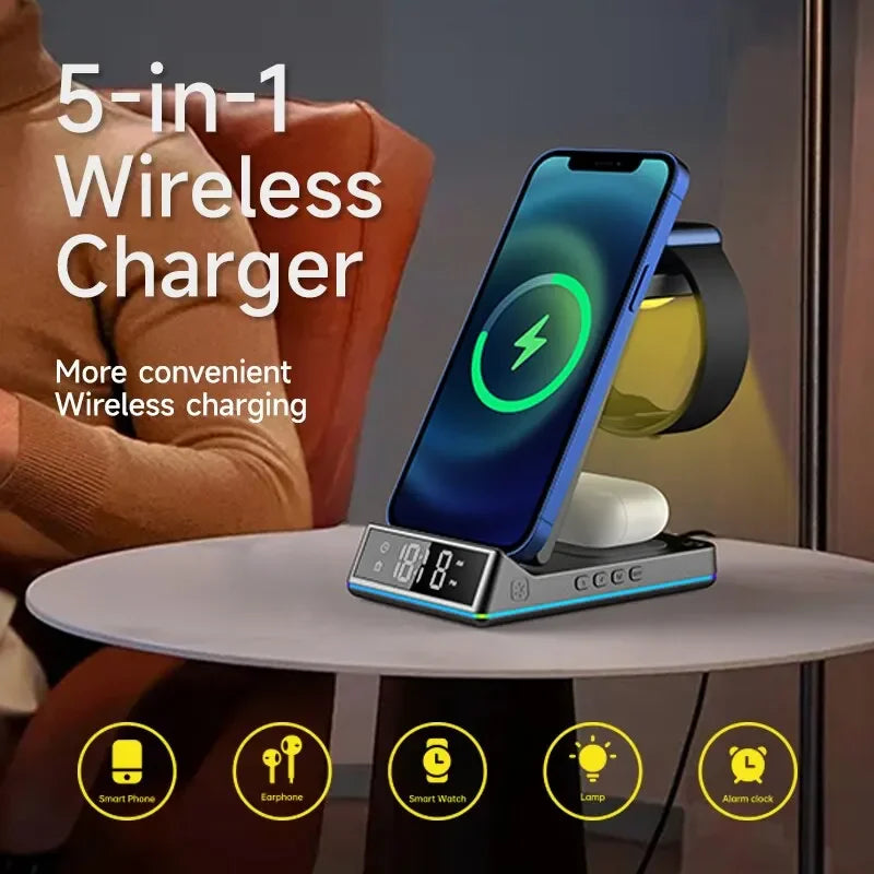 5 In 1 Foldable Wireless Charger - RGB LED Clock
