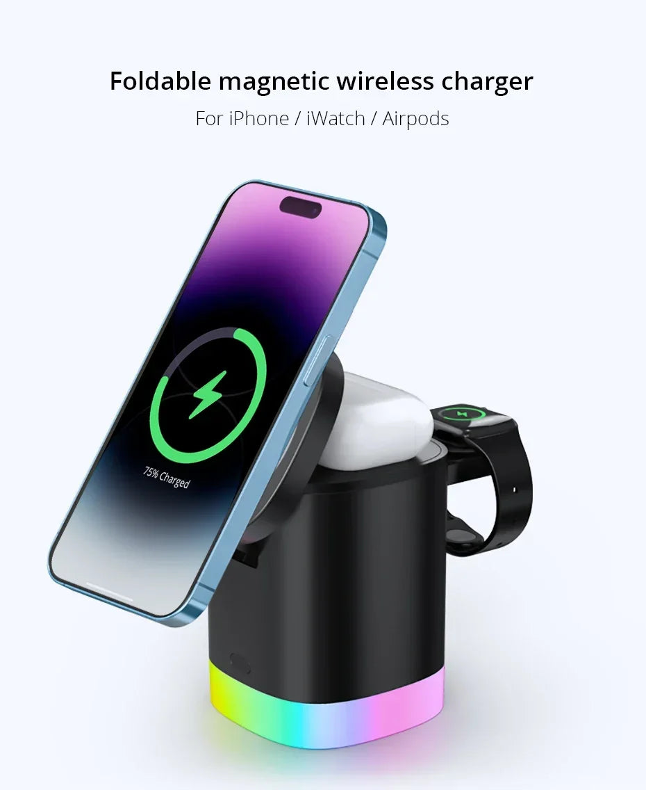 3 in 1Magnetic Wireless Charger Stand For iPhone with RGB Light