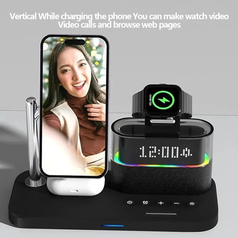 5 In 1 Wireless Charger Stand LED Night Light Alarm Clock for iPhone 15 14 13 12 IWatch 9 8 7 Airpods