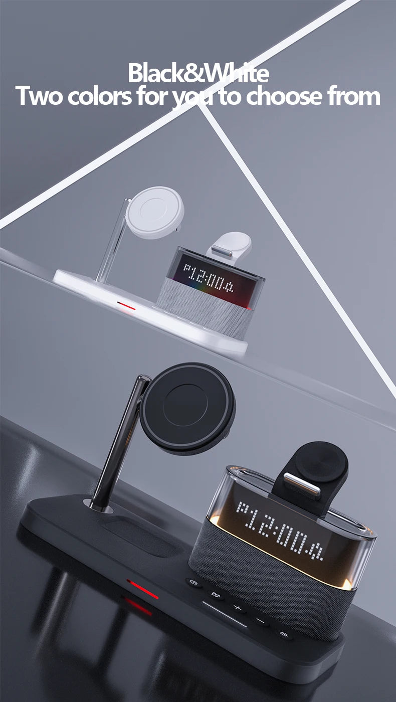 5 In 1 Wireless Charger Stand LED Night Light Alarm Clock for iPhone 15 14 13 12 IWatch 9 8 7 Airpods