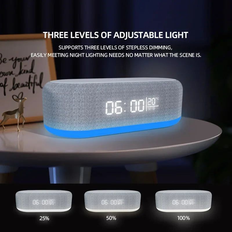 6 in 1 Wireless Charger Pad Bluetooth Speaker Alarm Clock LED Light Thermometer Earphone