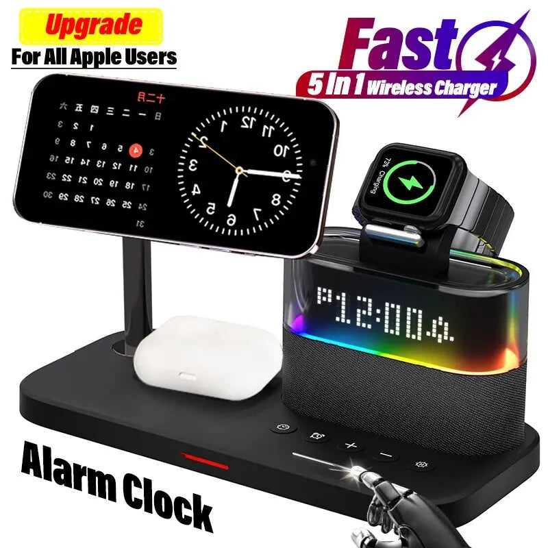 5 In 1 Wireless Charger Stand LED Night Light Alarm Clock for iPhone 15 14 13 12 IWatch 9 8 7 Airpods
