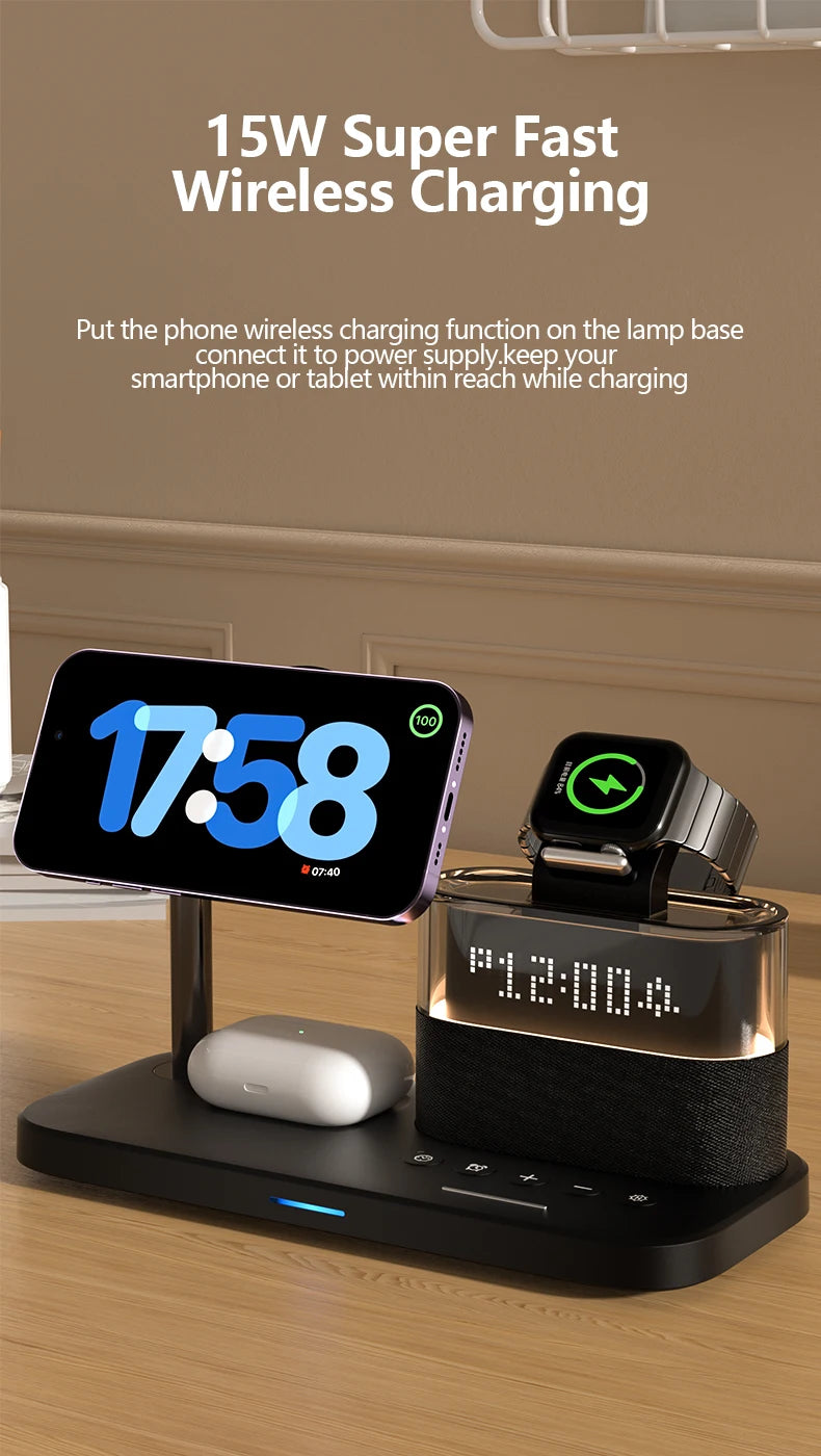 5 In 1 Wireless Charger Stand LED Night Light Alarm Clock for iPhone 15 14 13 12 IWatch 9 8 7 Airpods