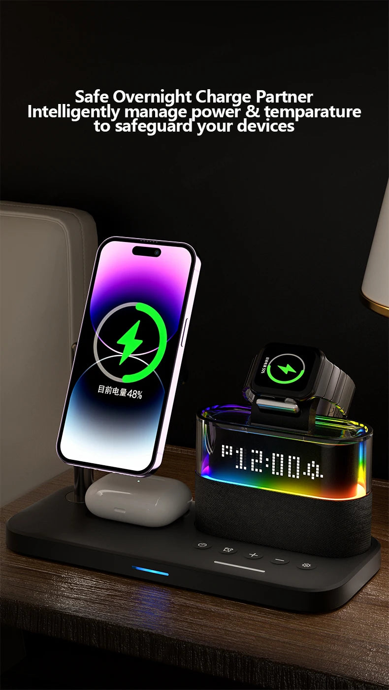 5 In 1 Wireless Charger Stand LED Night Light Alarm Clock for iPhone 15 14 13 12 IWatch 9 8 7 Airpods