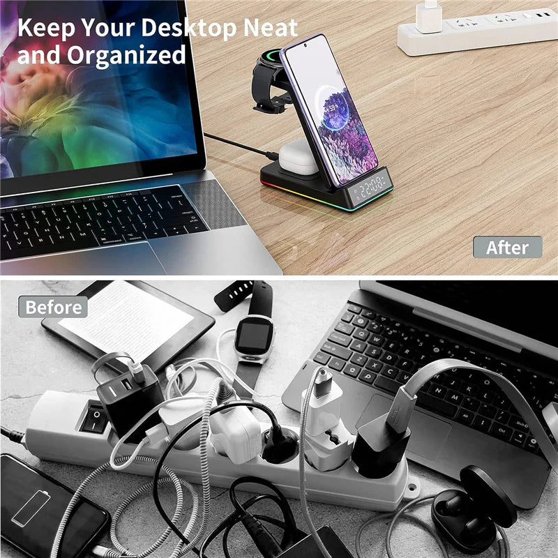 5 In 1 Foldable Wireless Charger - RGB LED Clock