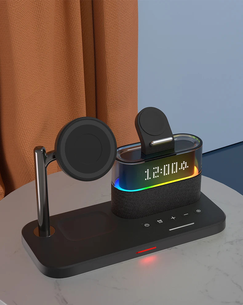 5 In 1 Wireless Charger Stand LED Night Light Alarm Clock for iPhone 15 14 13 12 IWatch 9 8 7 Airpods