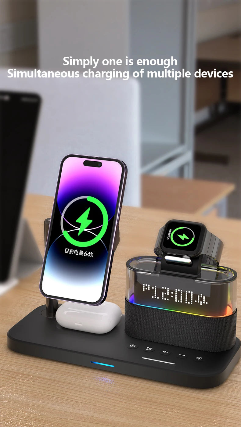 5 In 1 Wireless Charger Stand LED Night Light Alarm Clock for iPhone 15 14 13 12 IWatch 9 8 7 Airpods