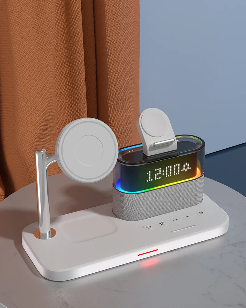 5 In 1 Wireless Charger Stand LED Night Light Alarm Clock for iPhone 15 14 13 12 IWatch 9 8 7 Airpods