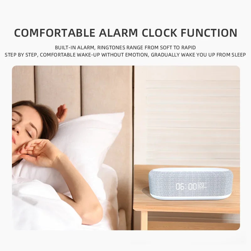 6 in 1 Wireless Charger Pad Bluetooth Speaker Alarm Clock LED Light Thermometer Earphone