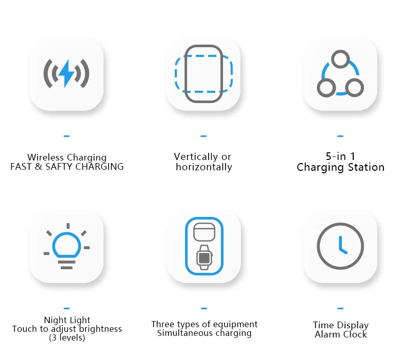 5 In 1 Wireless Charger Stand LED Night Light Alarm Clock for iPhone 15 14 13 12 IWatch 9 8 7 Airpods