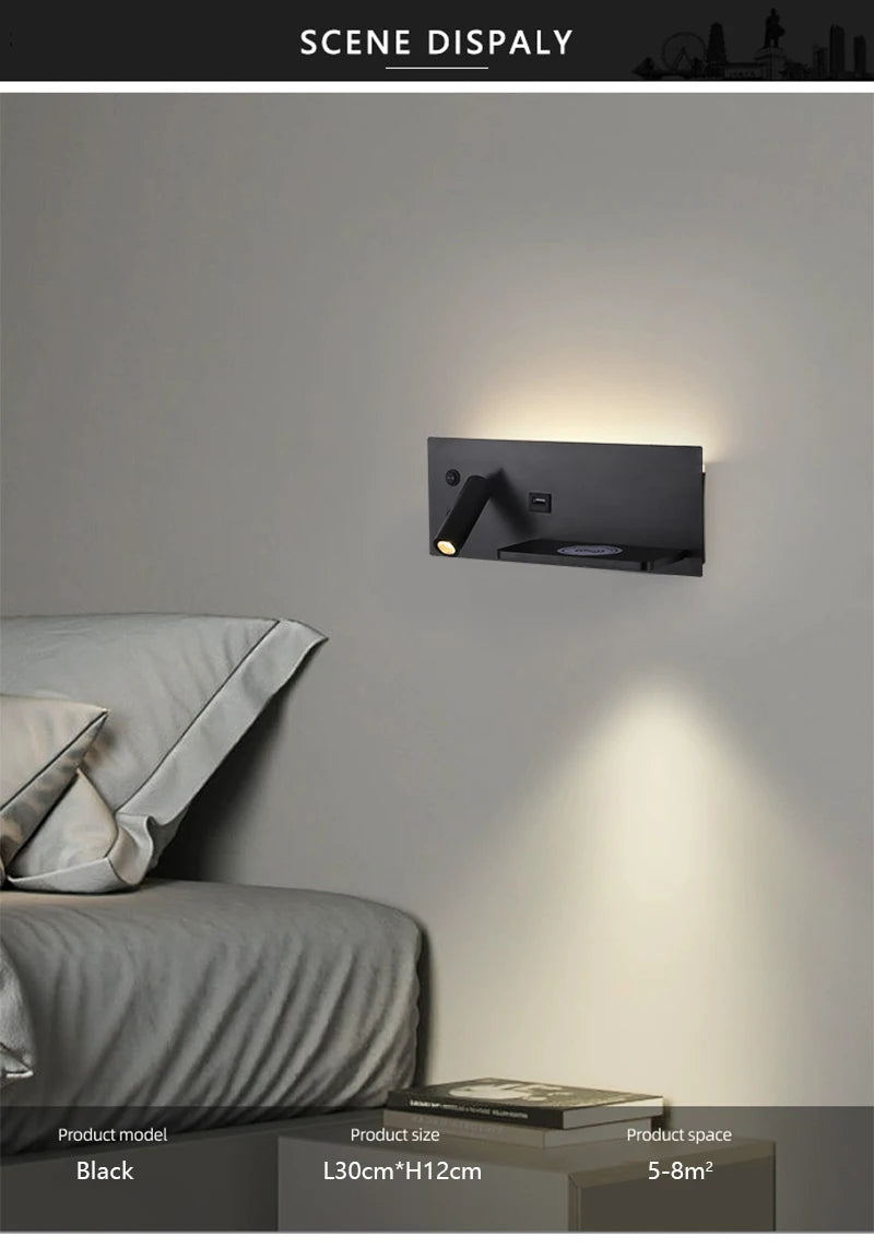 Multifunctional Wireless Charger - LED Reading Wall Lamp