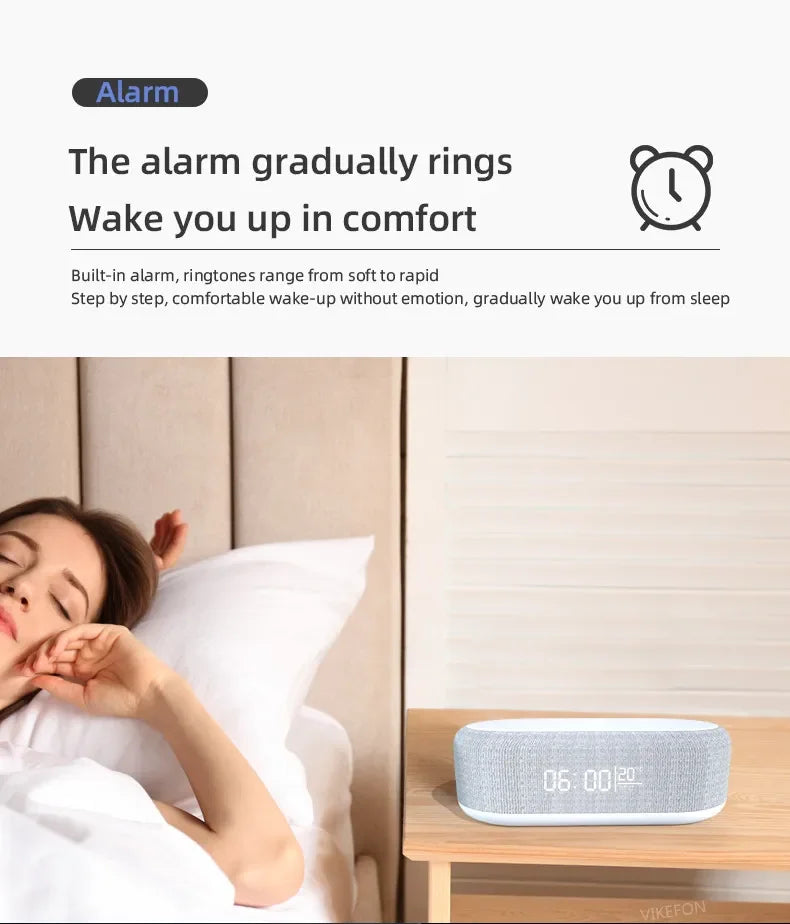 6 in 1 Wireless Charger Pad Bluetooth Speaker Alarm Clock LED Light Thermometer Earphone