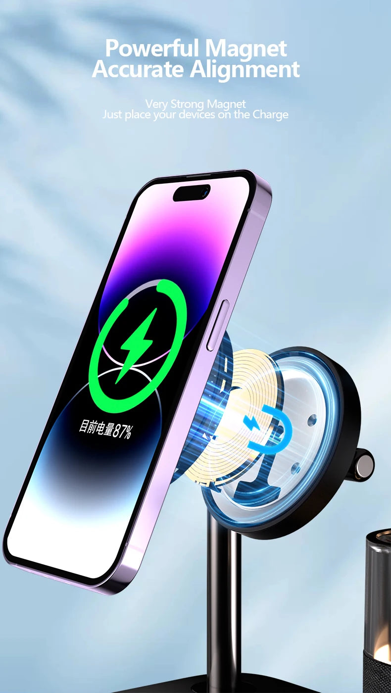 5 In 1 Wireless Charger Stand LED Night Light Alarm Clock for iPhone 15 14 13 12 IWatch 9 8 7 Airpods