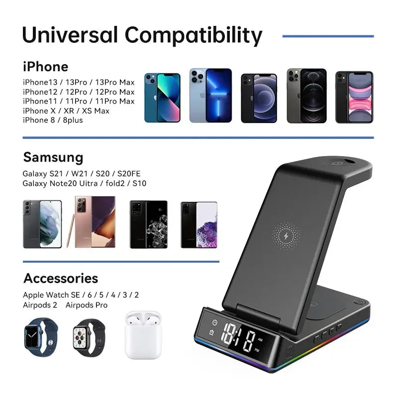 5 In 1 Foldable Wireless Charger - RGB LED Clock