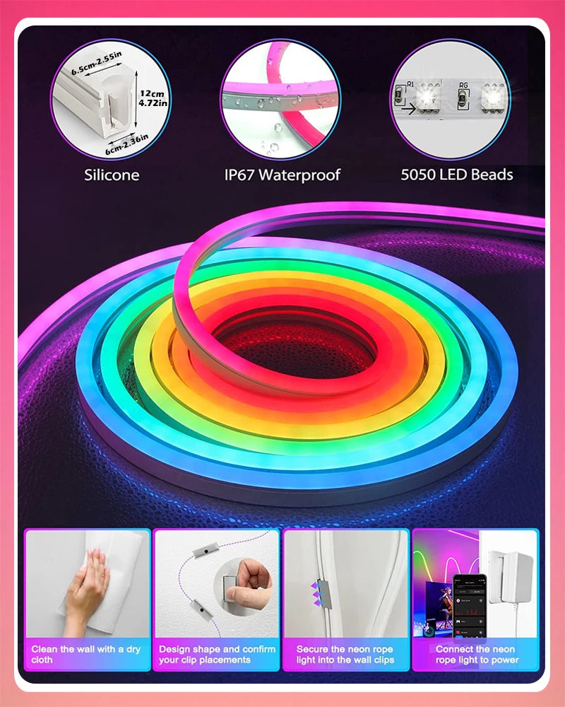 LED Neon Strip 12-24V DC RGBIC - WiFi Bluetooth Remote