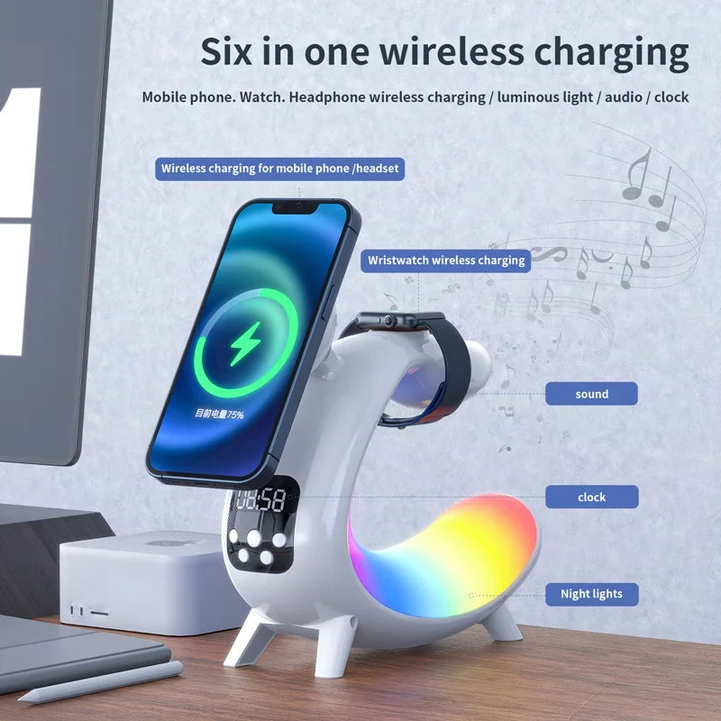 Multifunctional Magnetic Wireless Charger - Alarm Clock - Speaker - RGB Night Light