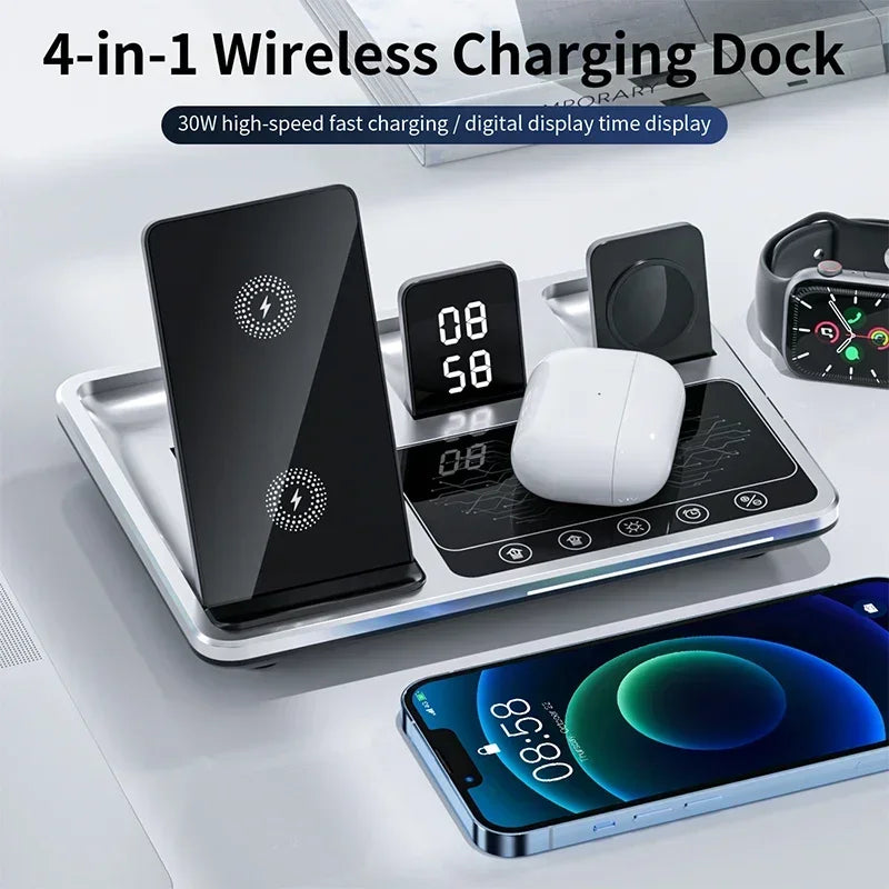 5IN1 Alarm Clock Wireless Charger for Iphone 15 14 13 12 11 Pro Max XS