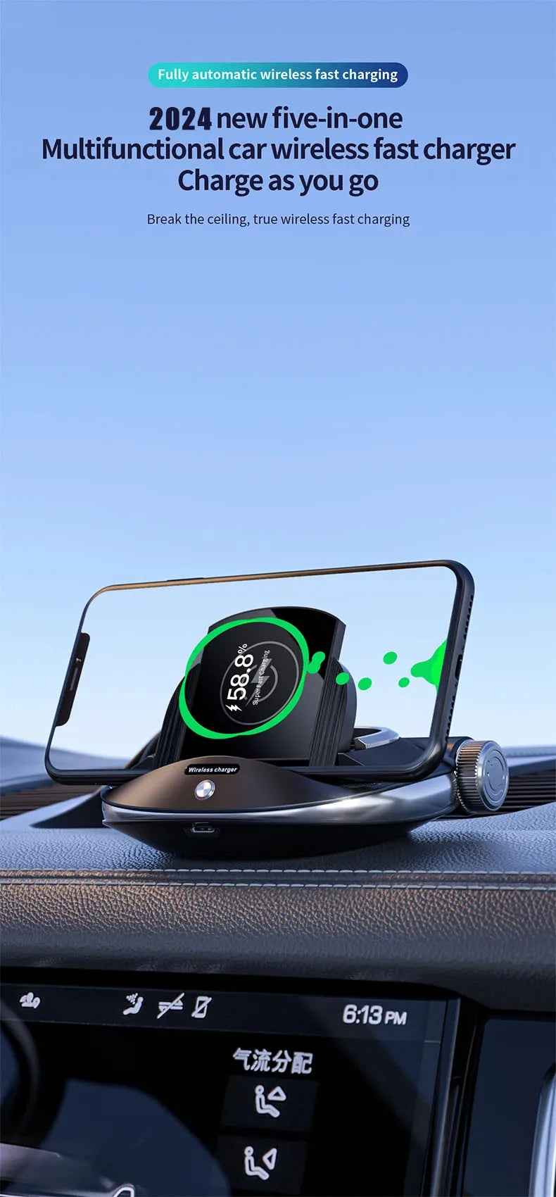 Multifunctional car wireless charger - Aromatherapy - broken window safety hammer