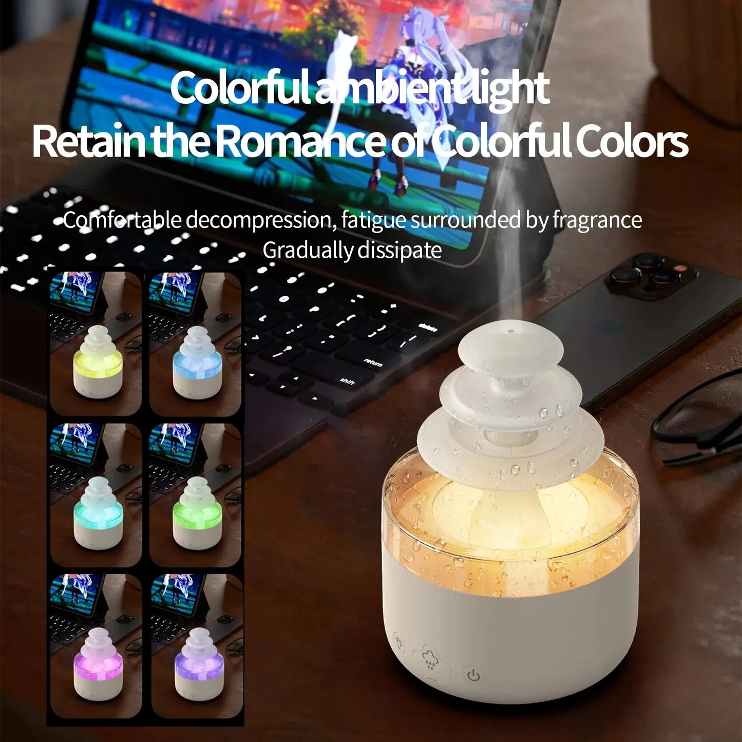 Cloud Rain Air Humidifier - White Noise - Essential Oil Aromatherapy - USB - Colorful Light