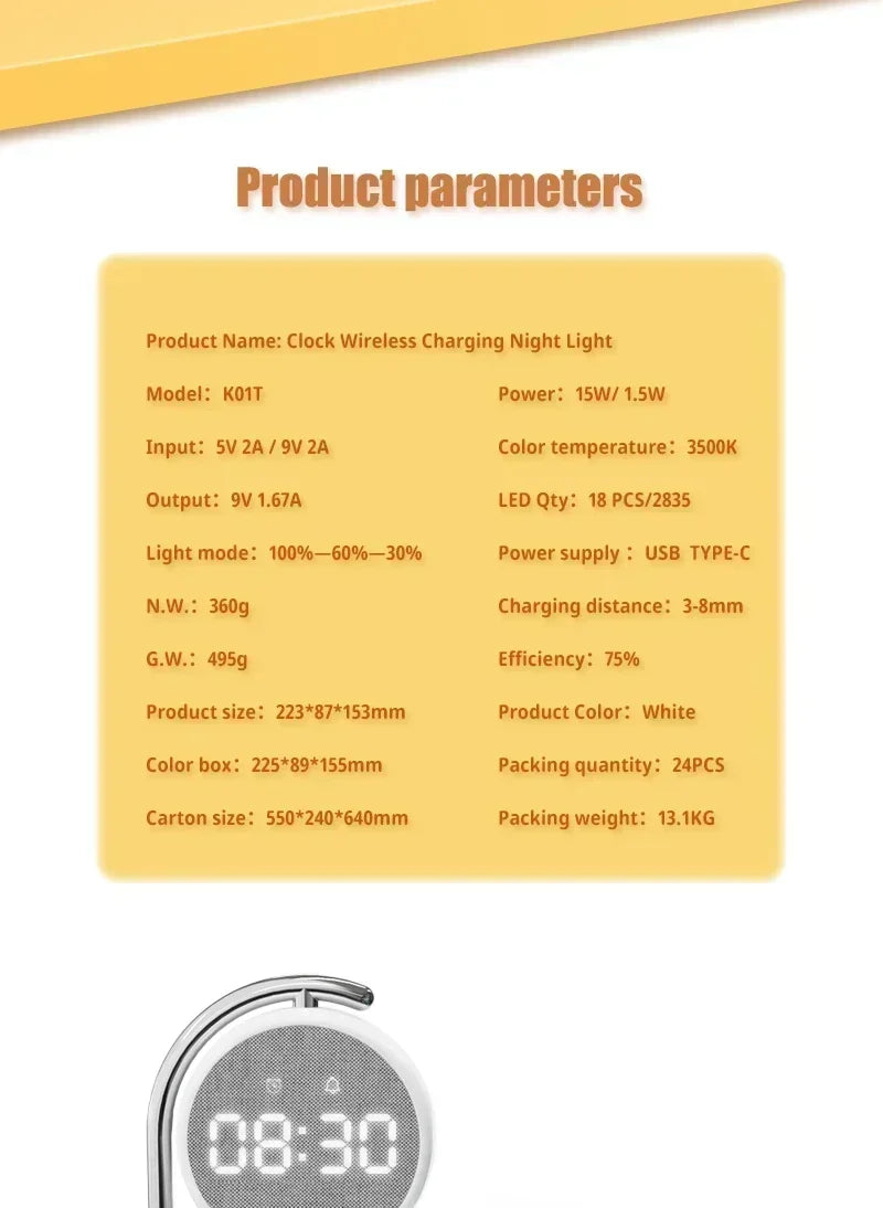 Wireless Charger with 360° Rotate Clock Alarm