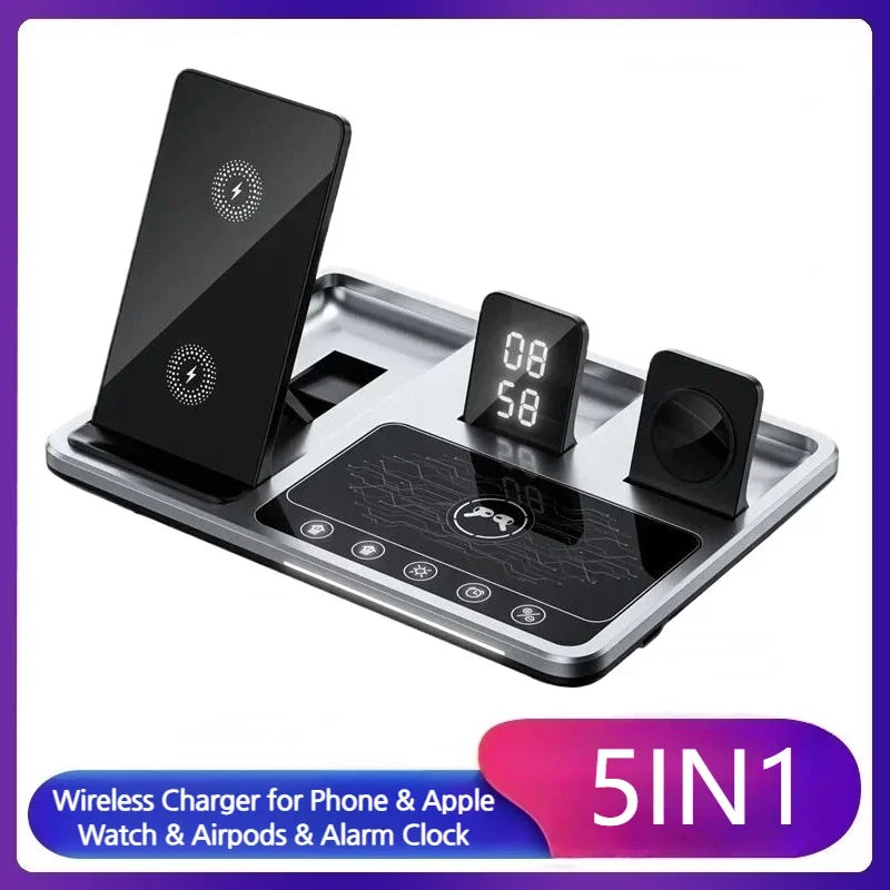 5IN1 Alarm Clock Wireless Charger for Iphone 15 14 13 12 11 Pro Max XS