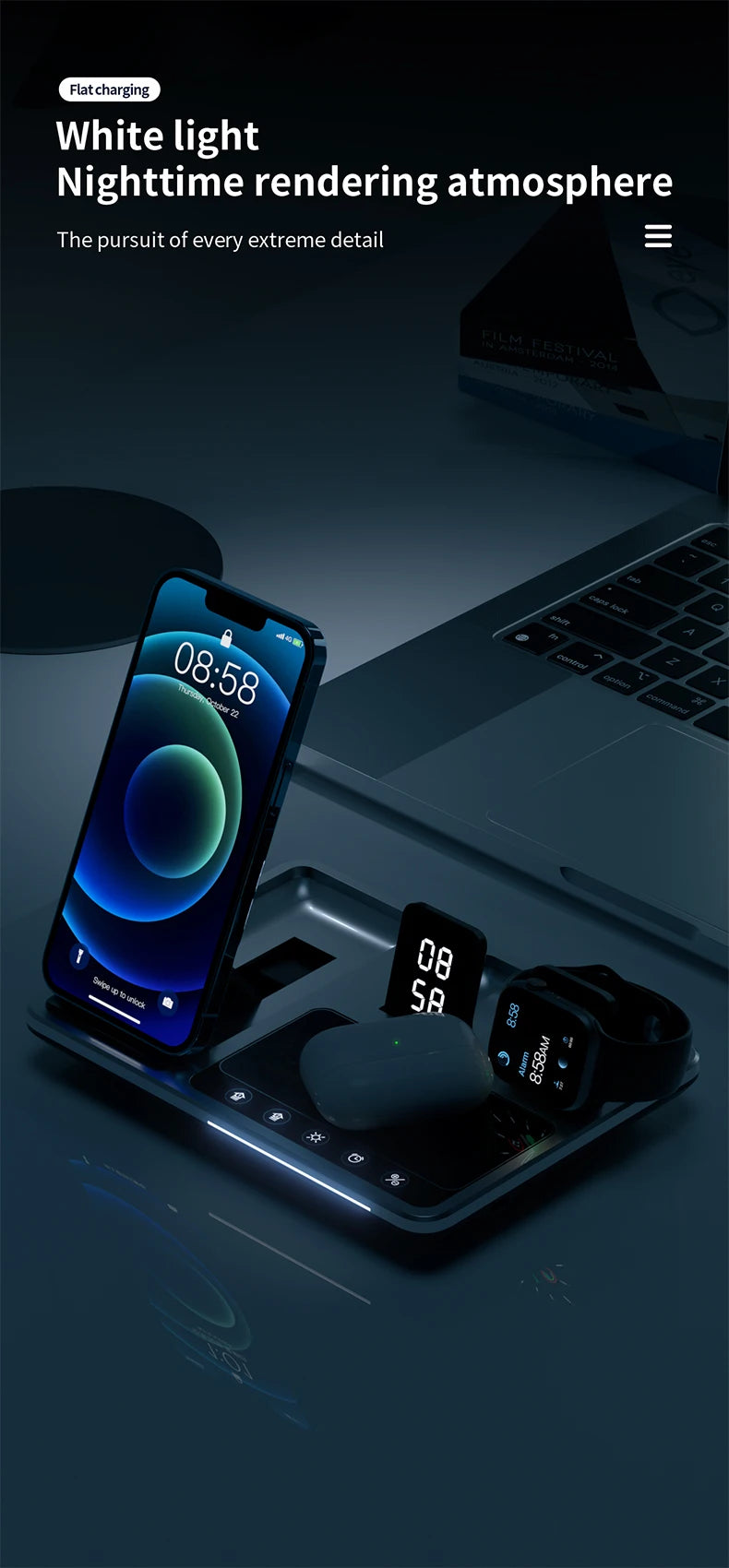 5IN1 Alarm Clock Wireless Charger for Iphone 15 14 13 12 11 Pro Max XS