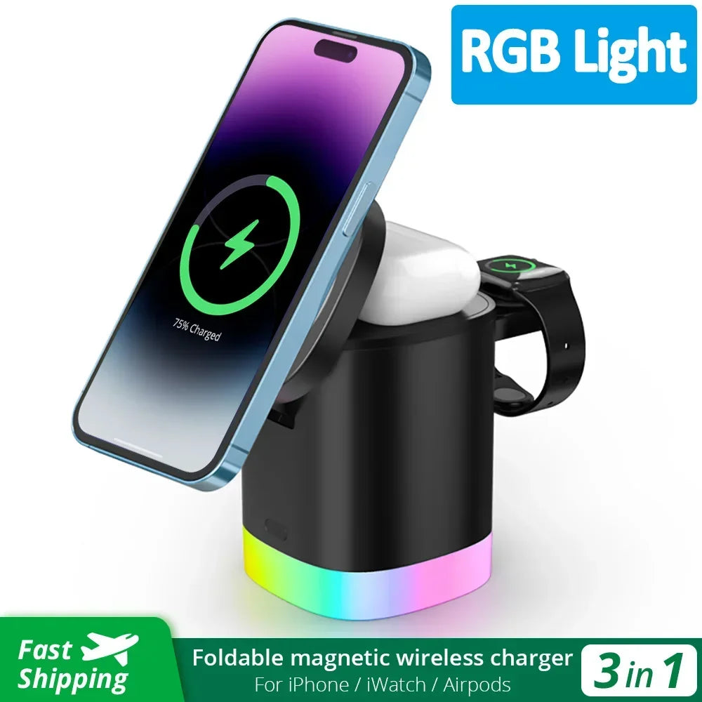 3 in 1Magnetic Wireless Charger Stand For iPhone with RGB Light