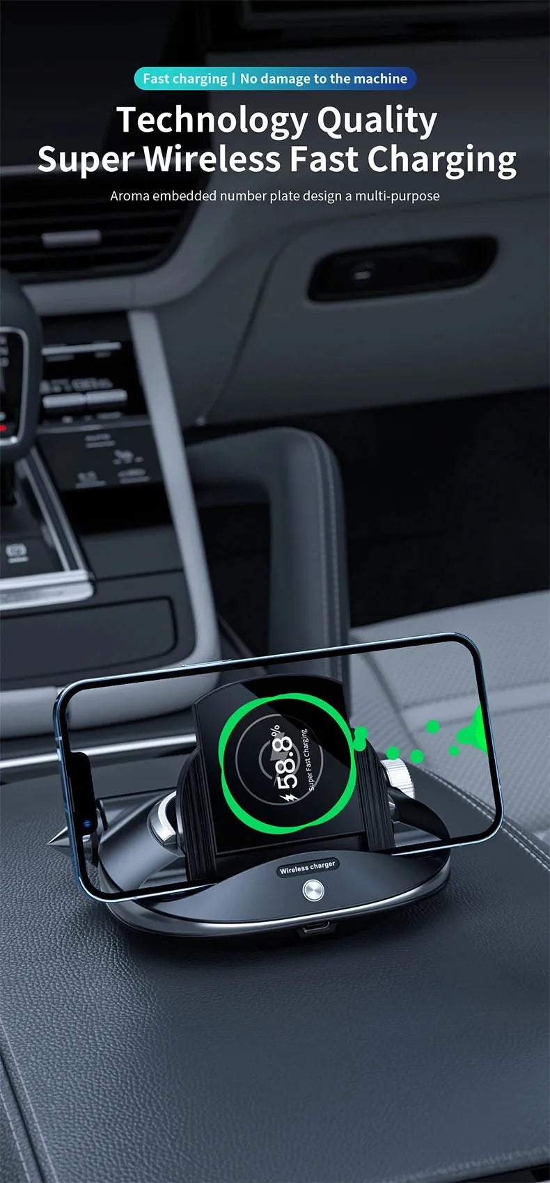 Multifunctional car wireless charger - Aromatherapy - broken window safety hammer